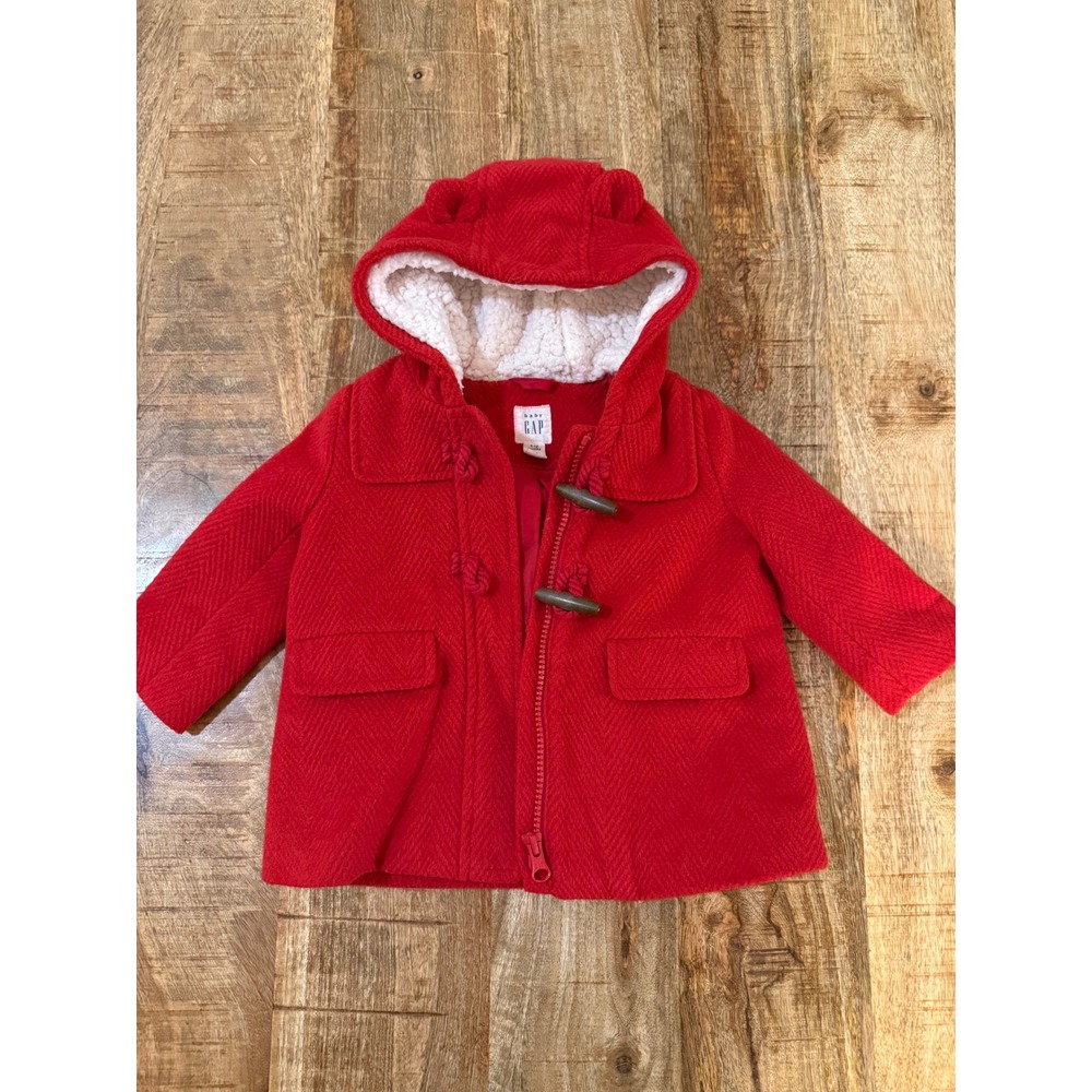 Baby Gap Red Herringbone Duffle Coat Bear Ear Hood Toggle Jacket 6-12 Months